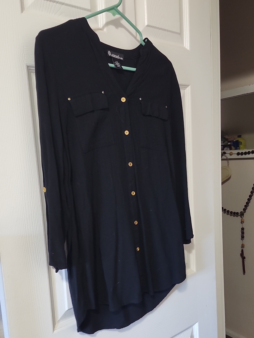 Black Button-Front Shirt Tunic with Gold Buttons